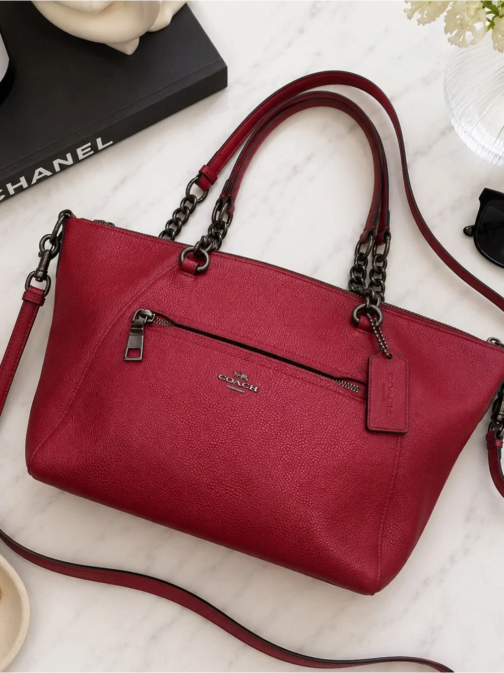Coach Crimson Leather Shoulder Tote with Chain Handles